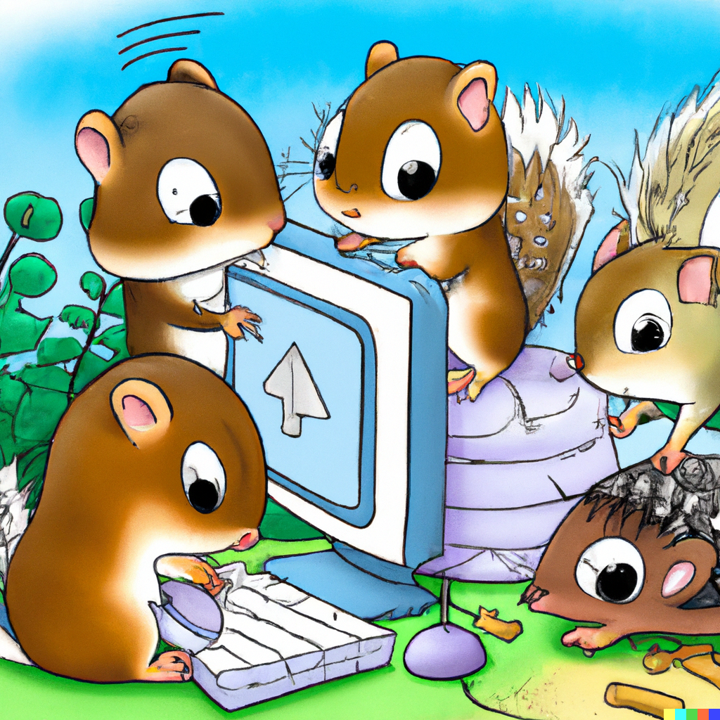 Critters working on a computer